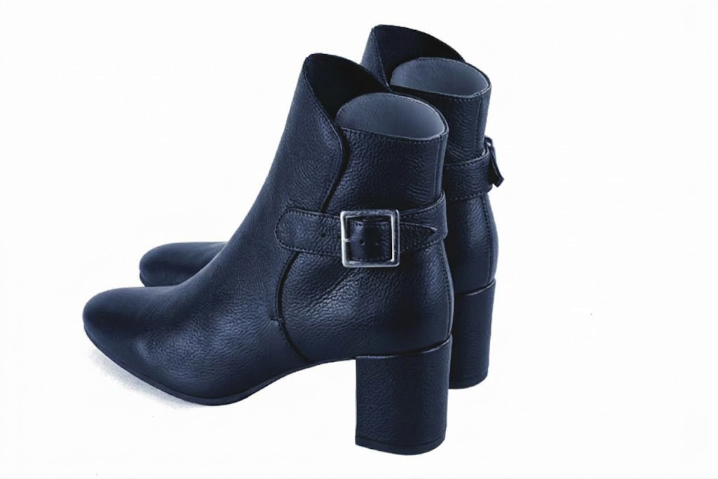 Women's navy blue back-buckle ankle boots with round toe and mid block heel - Rear view